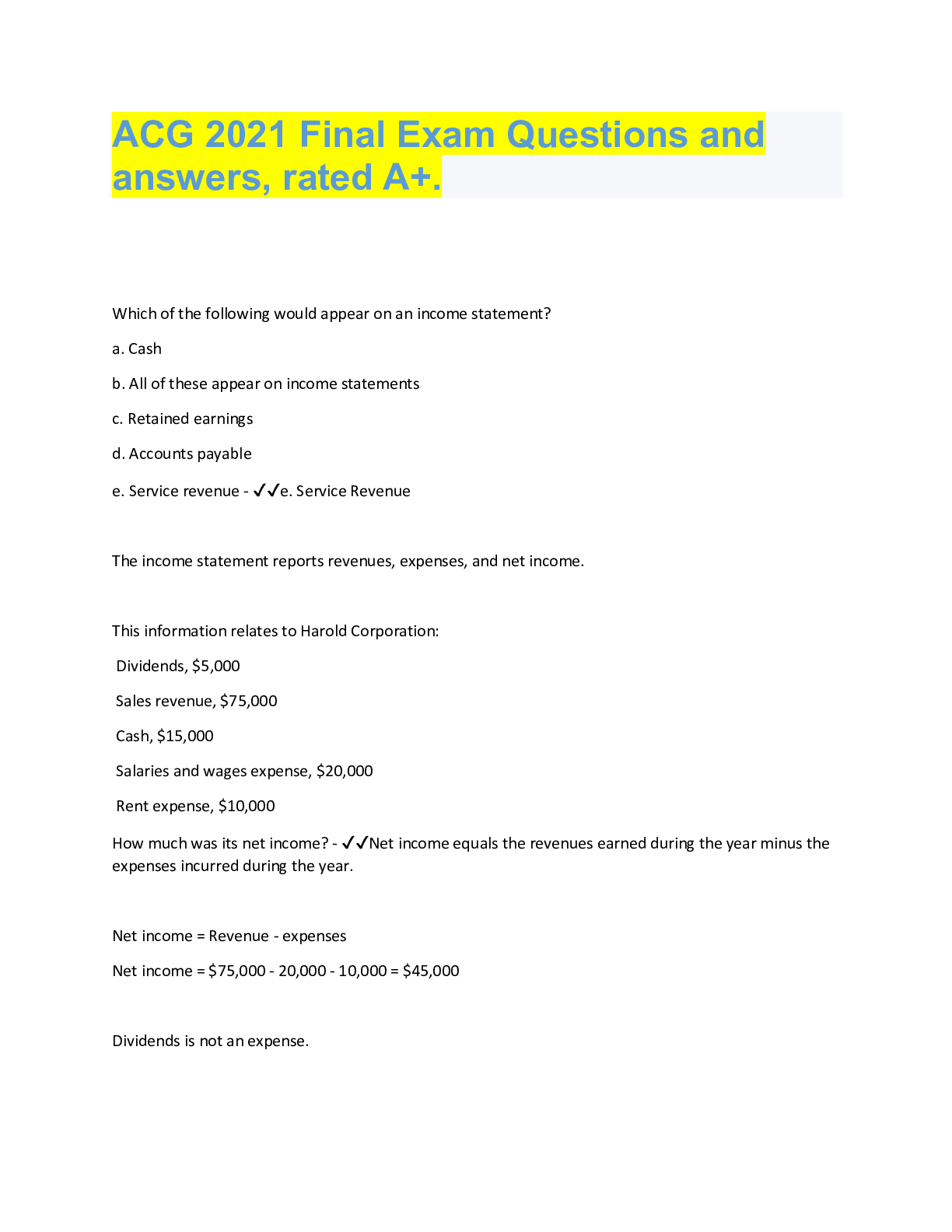 Preview image for ACG 2021 Final Exam Questions and  answers, rated A+.